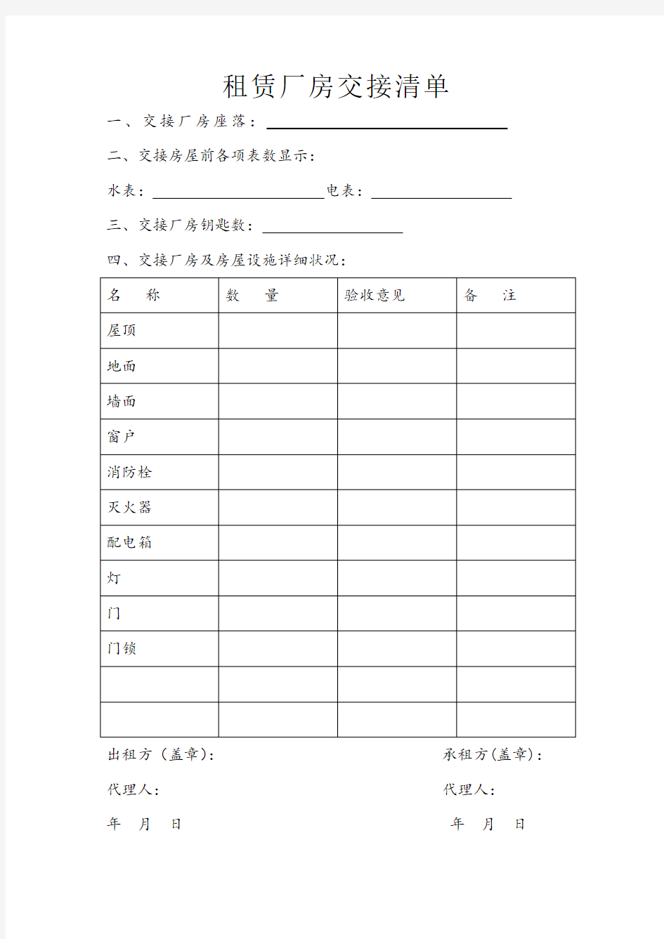 租赁厂房交接清单