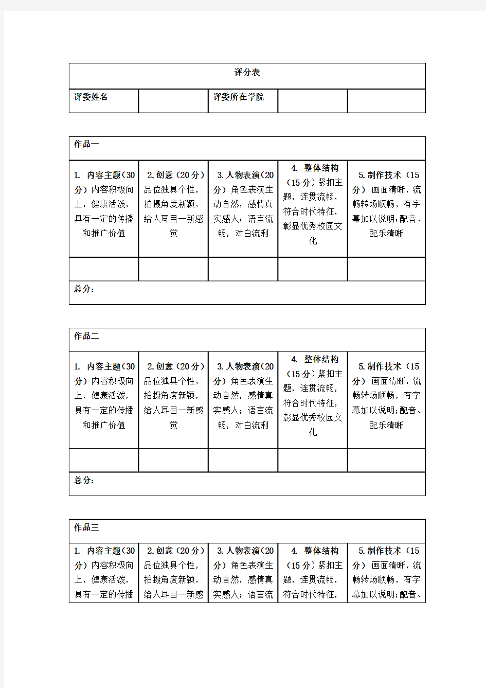 大学生短视频大赛评分表