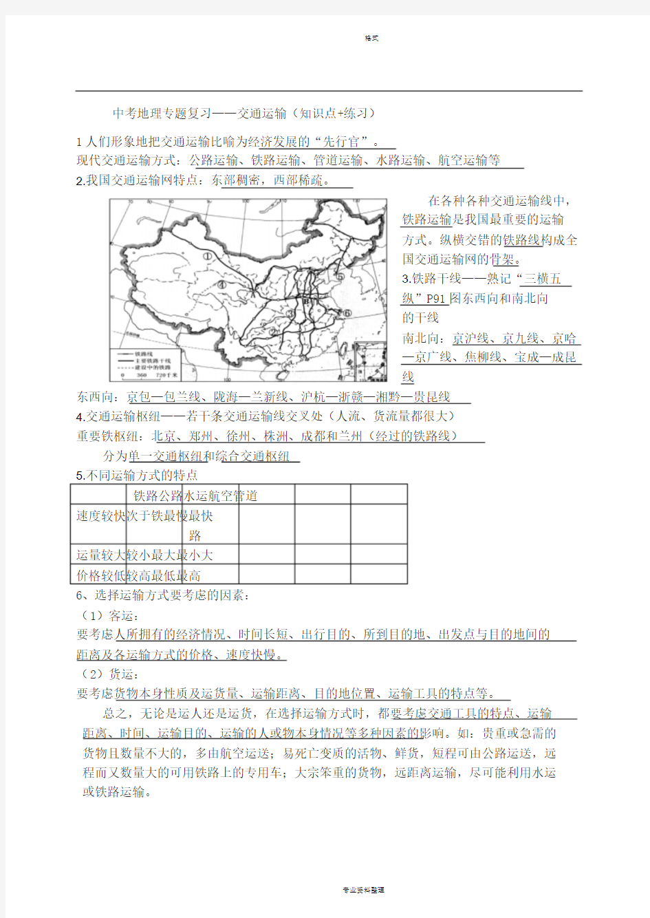 中考地理专题复习——交通运输(知识点+练习)