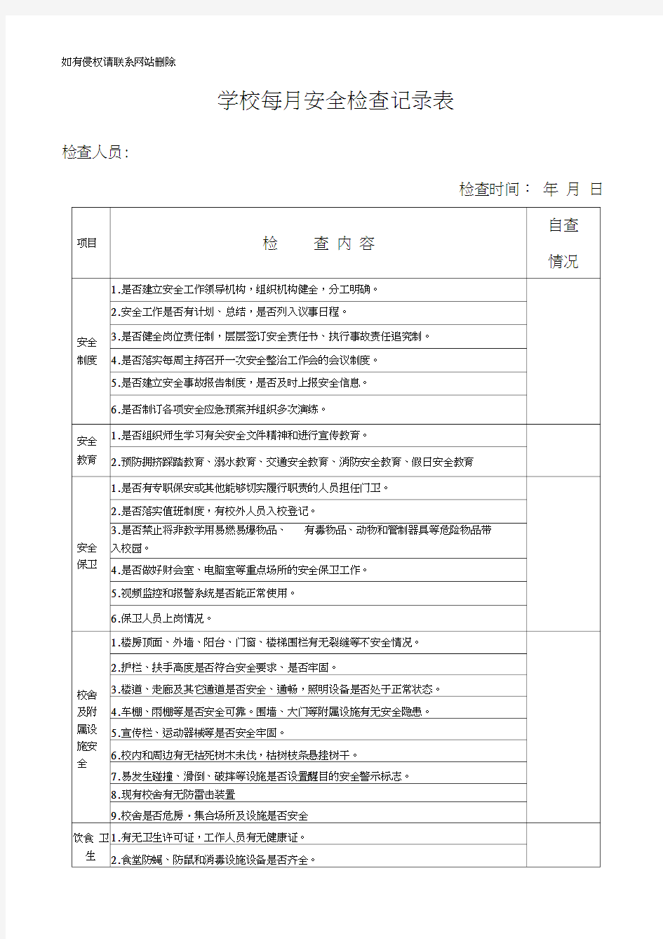 学校月安全检查记录表doc资料