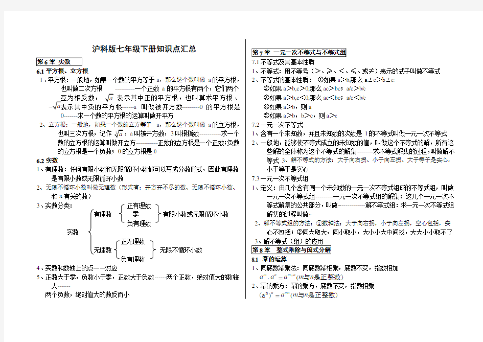 沪科版七年级下册知识汇总