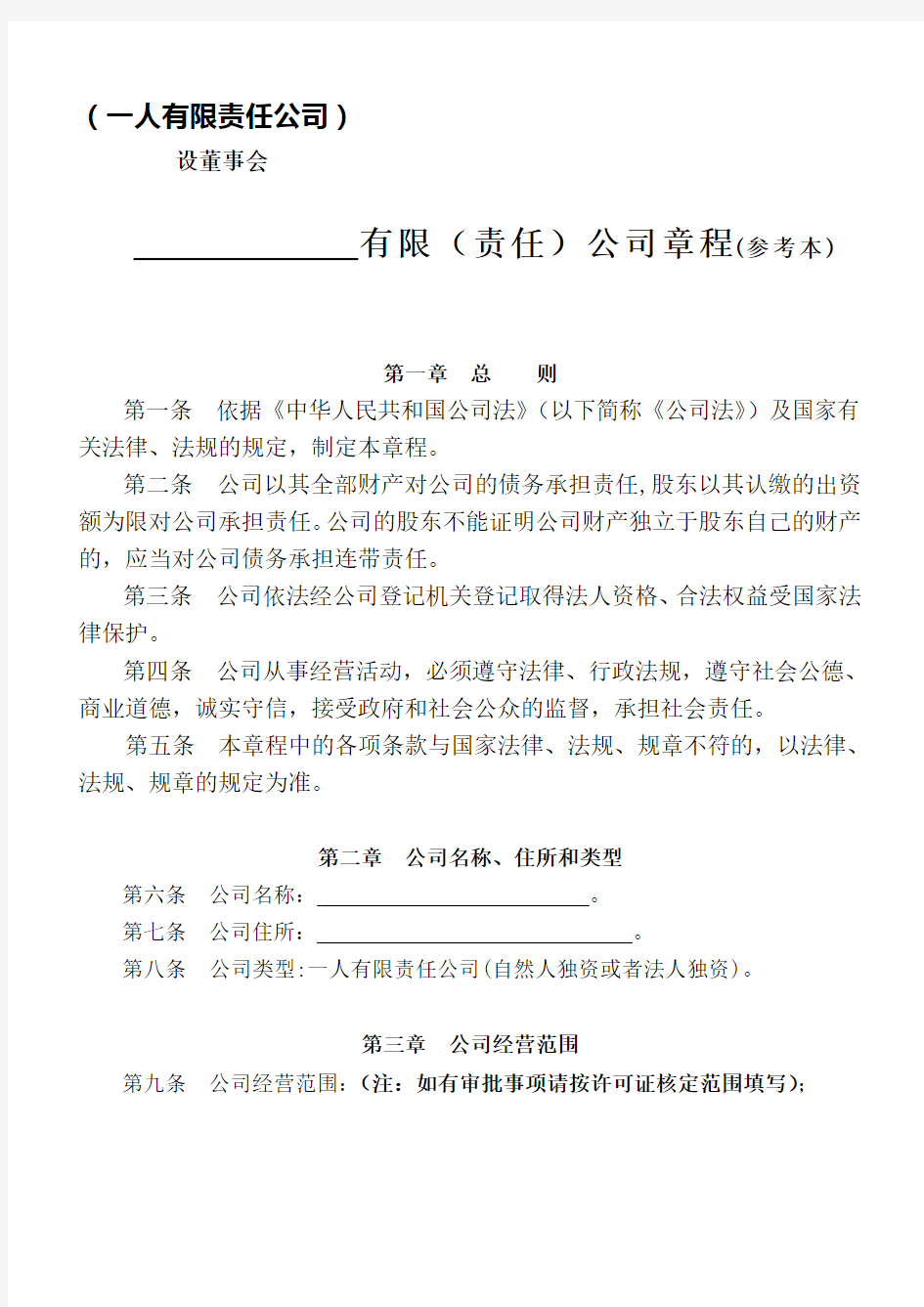 一人有限责任公司(设立董事会)章程