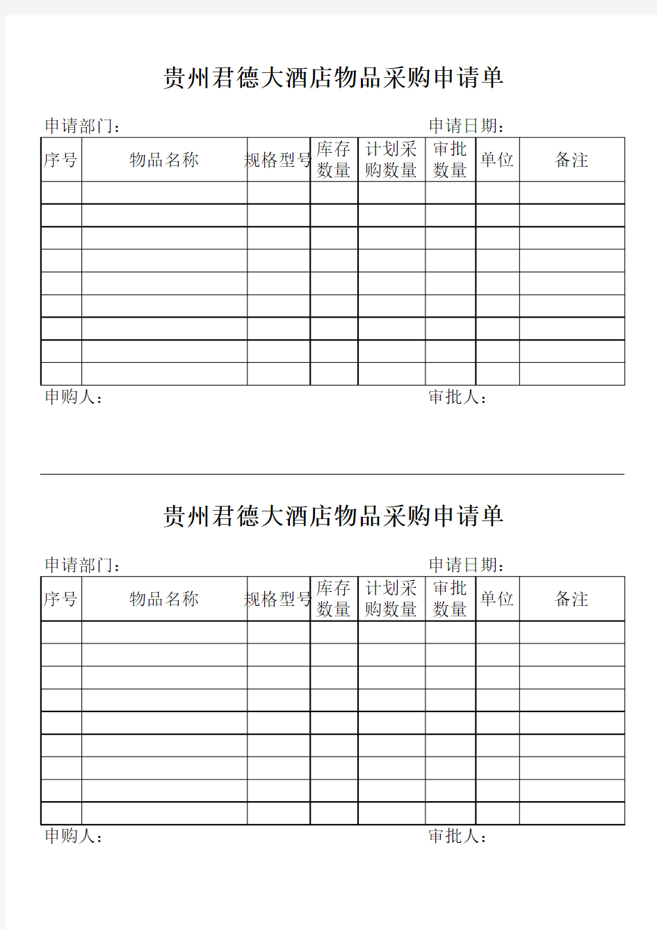 物品采购申请单