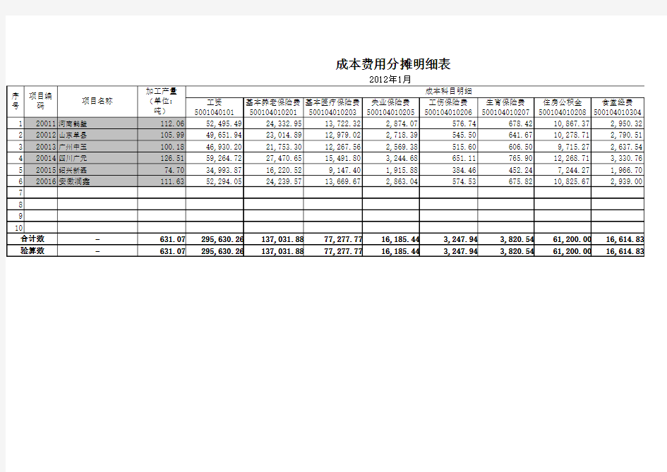 成本费用分摊表