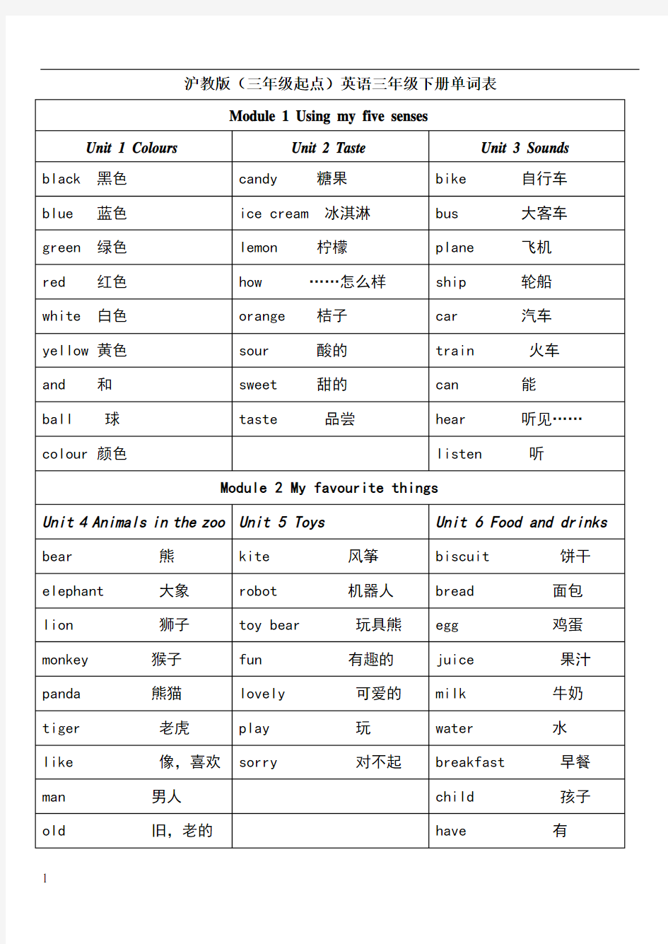 沪教版(三年级起点)英语三年级下册单词表