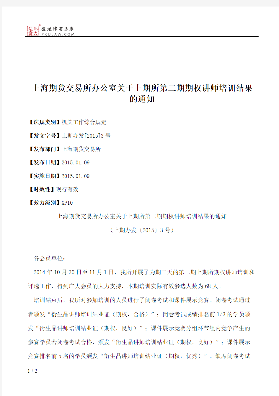 上海期货交易所办公室关于上期所第二期期权讲师培训结果的通知