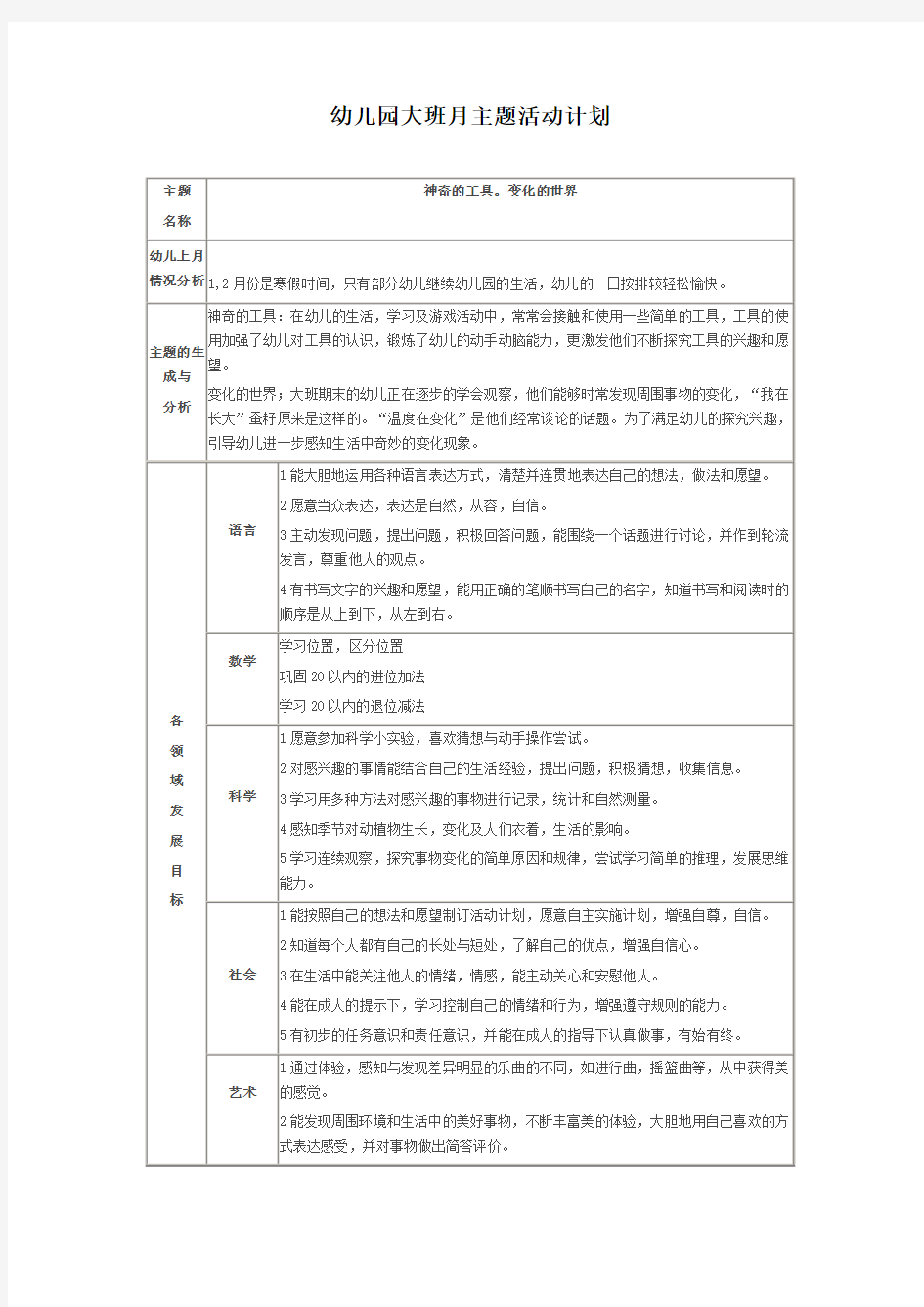 6.大班月主题活动计划