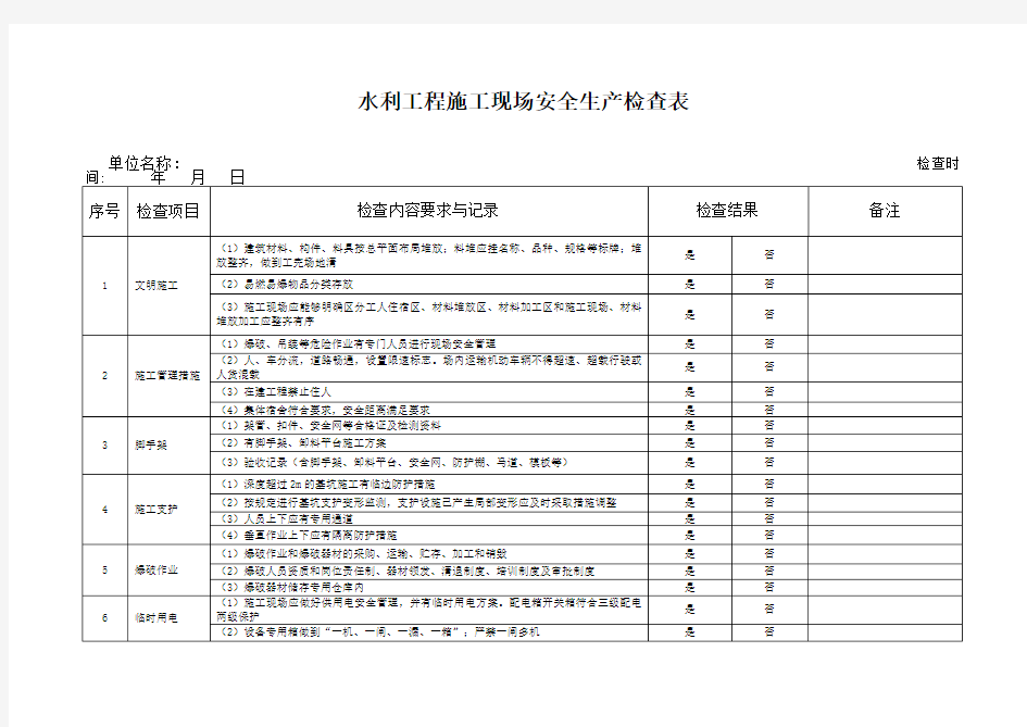 水利工程施工现场安全生产检查表