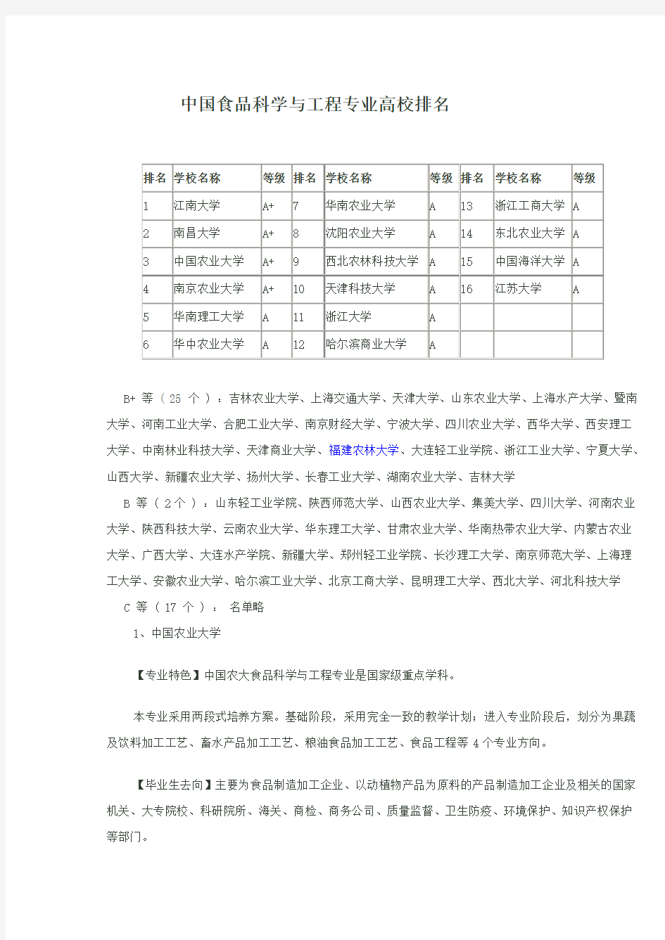 中国食品科学与工程专业高校排名