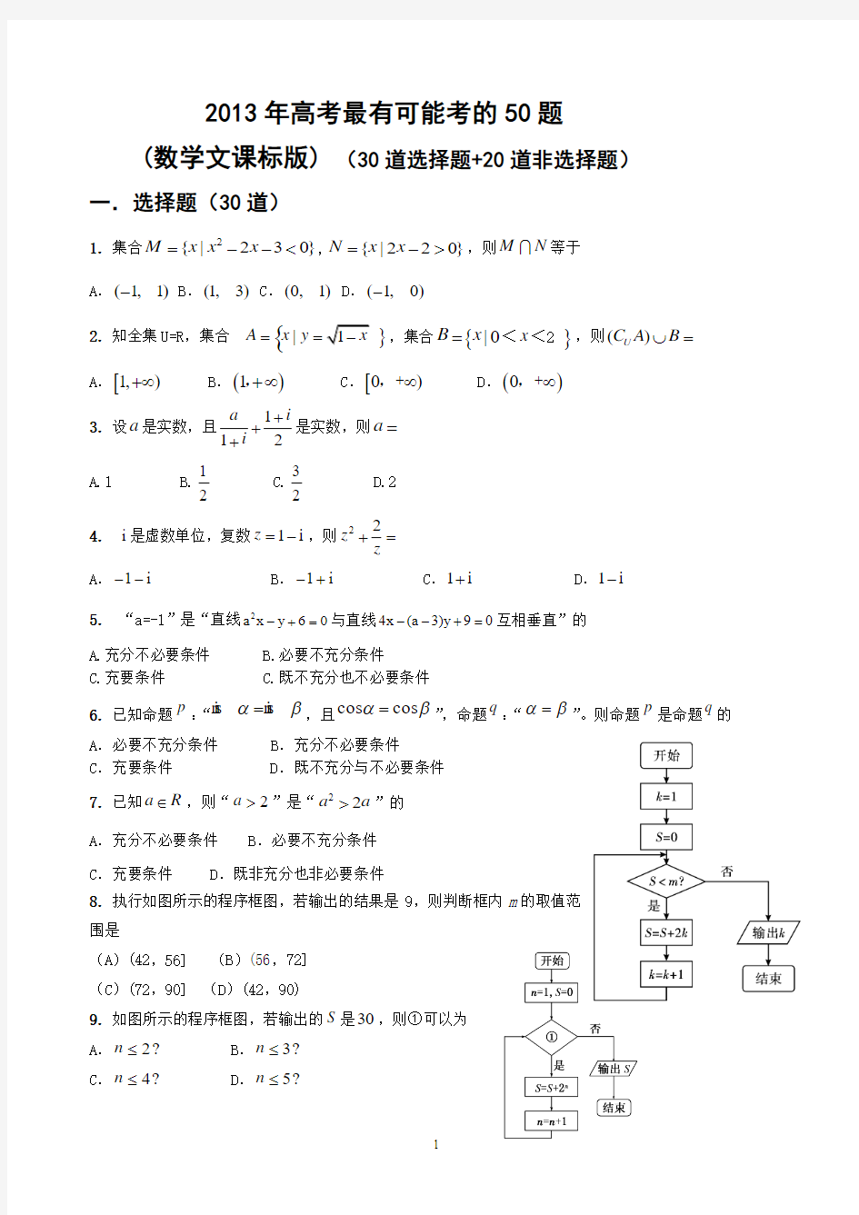 2013年高考冲刺类型归纳50题(文科数学)