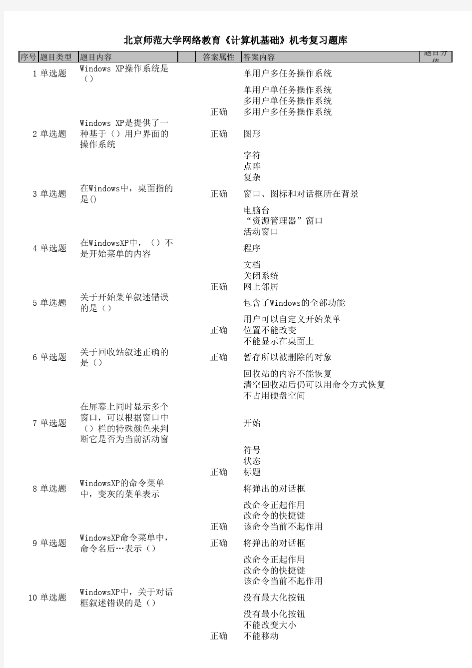 北京师范大学网络教育《计算机基础》机考复习题库