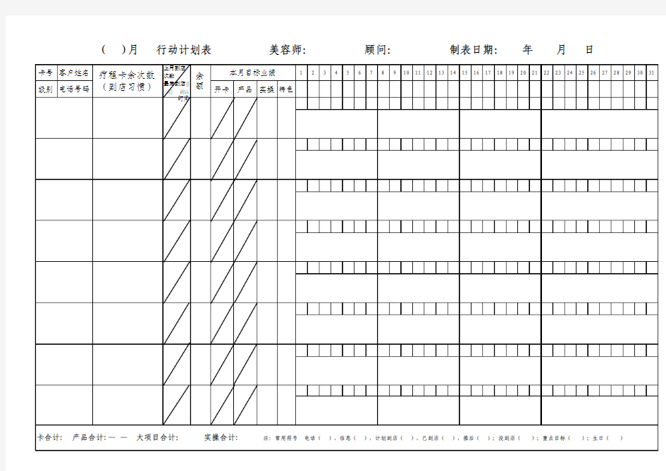 美容师月行动计划表样板(A3纸)