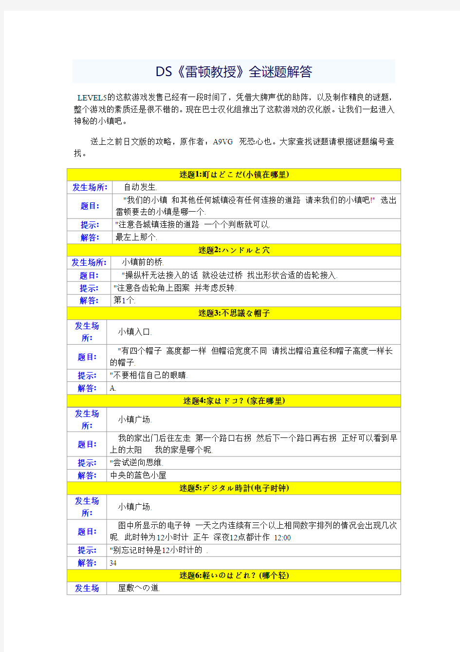 雷顿教授不可思议的小镇攻略