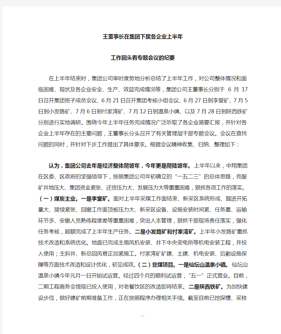 集团公司上半年专题会议纪要 (定)