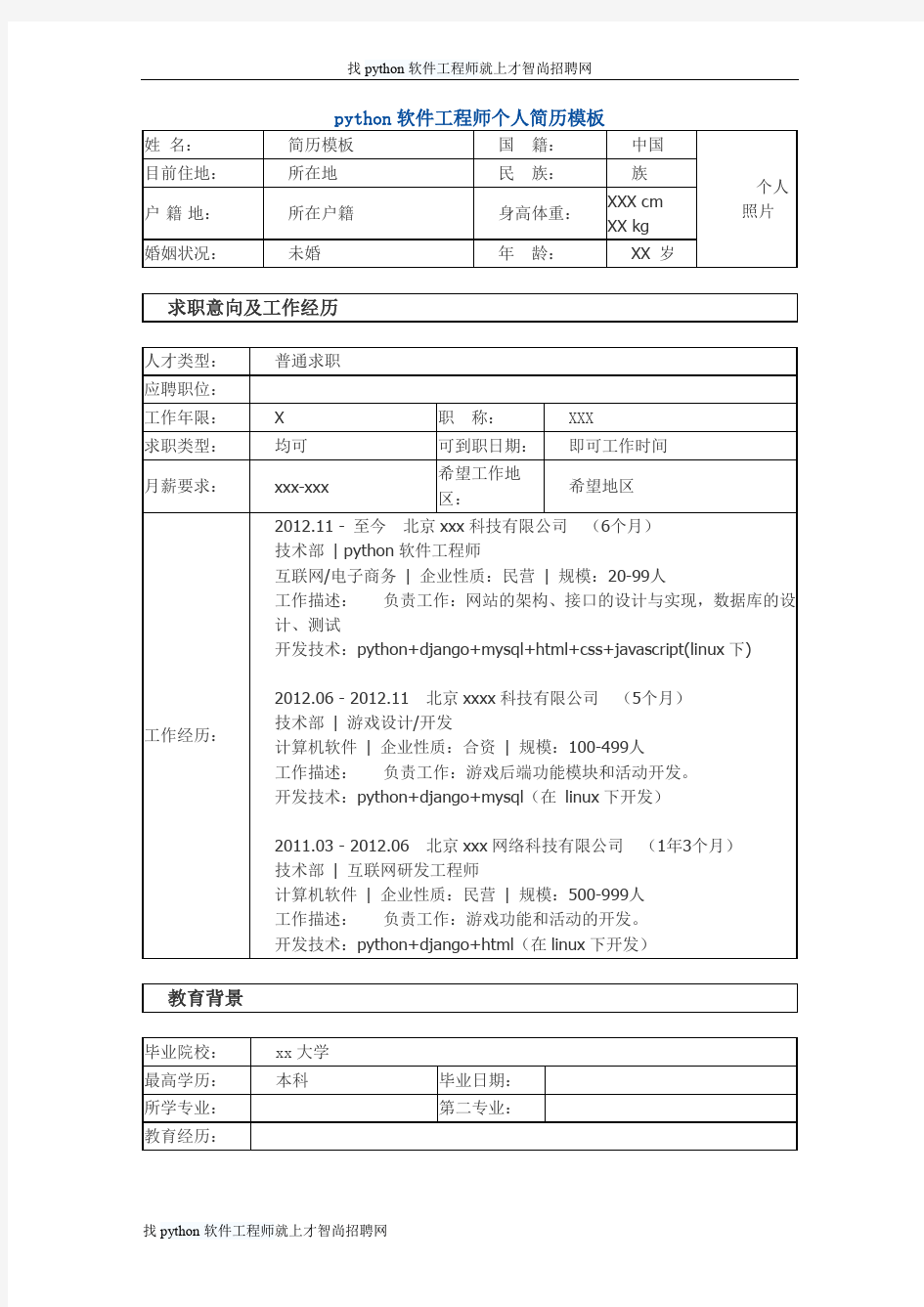 python软件工程师 个人简历模板