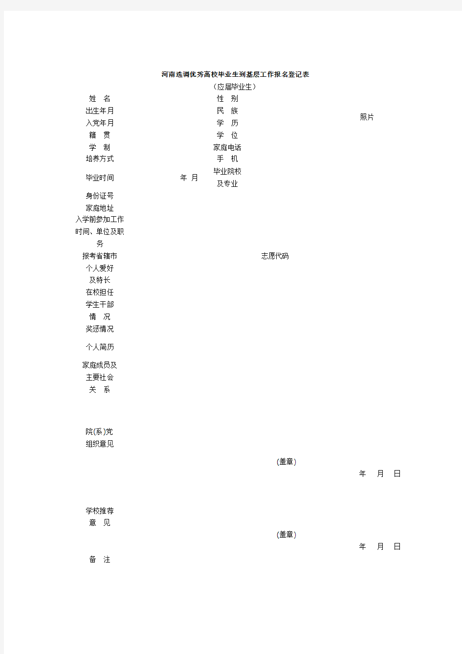 河南选调优秀高校毕业生到基层工作报名登记表(应届毕业生)