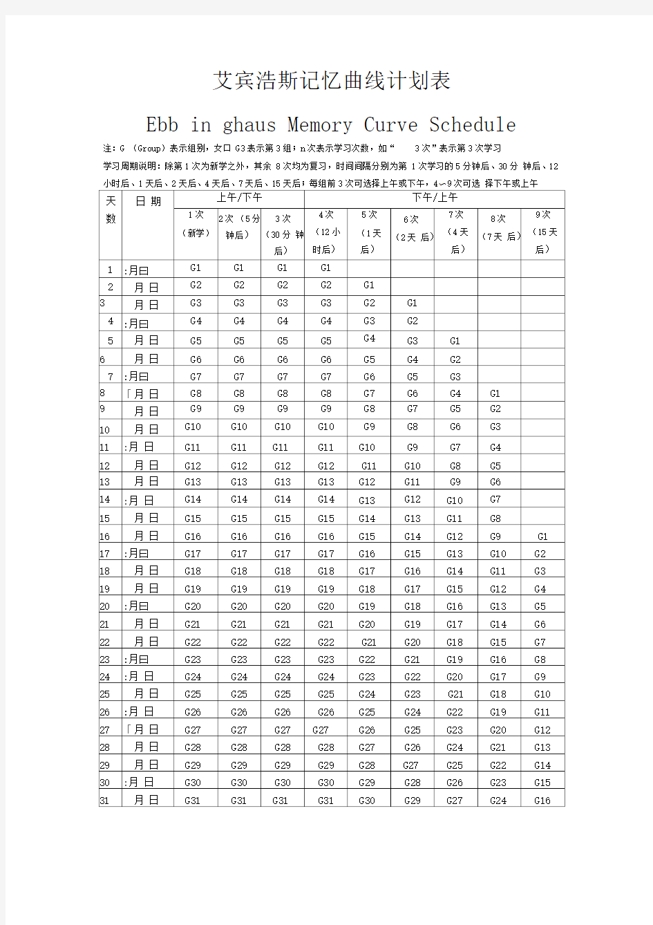 艾宾浩斯记忆曲线计划表