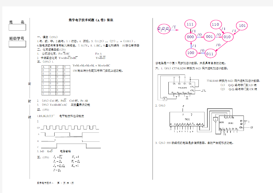 数字电子技术试题(A卷)答案