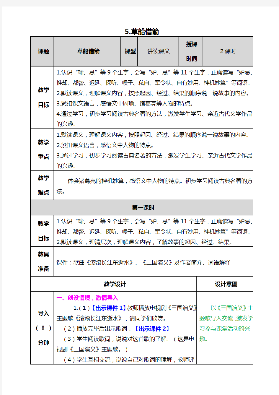 部编版五下语文《5.草船借箭》精品教案+练习题+答案