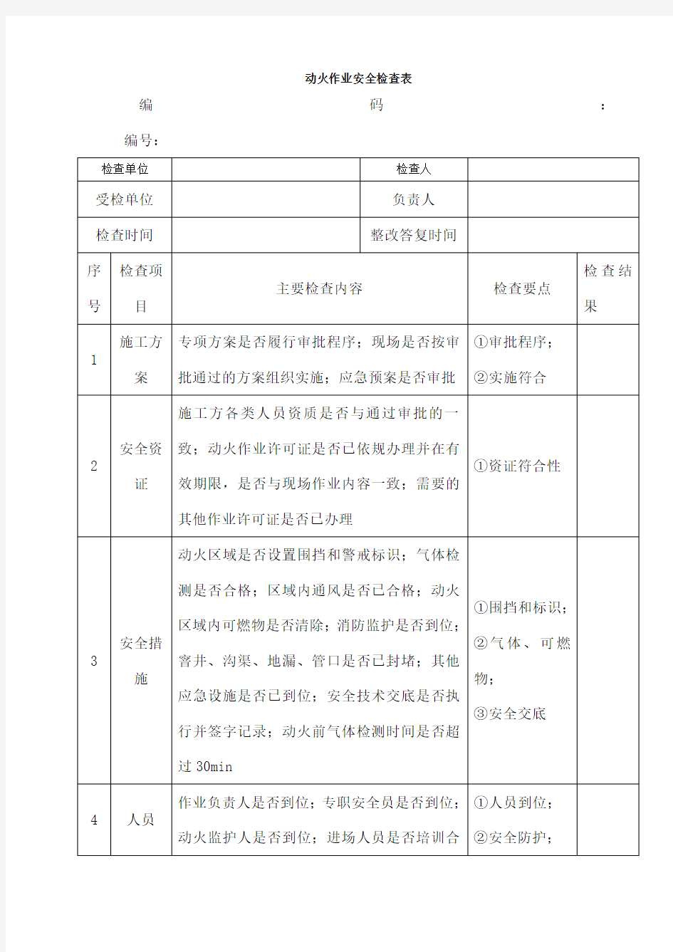 动火作业安全检查表