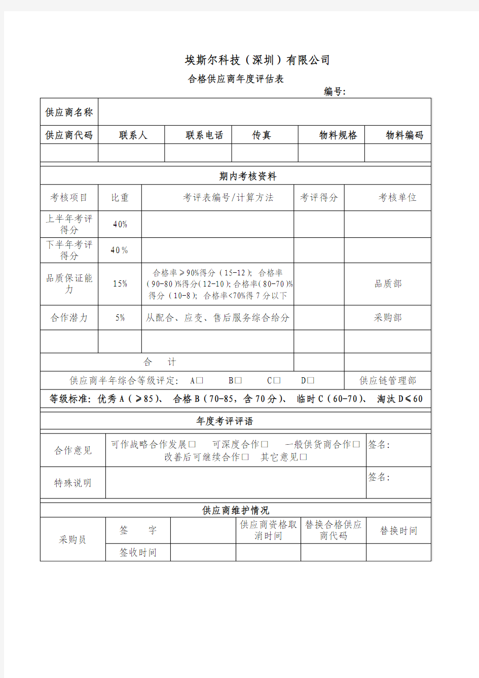 合格供应商年度评估表