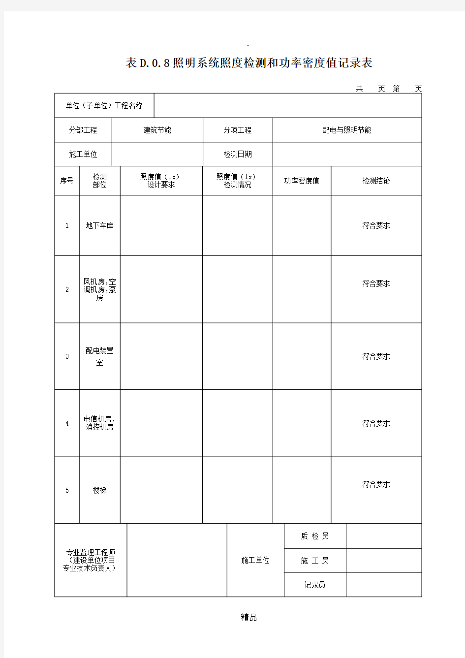 照明系统照度检测和功率密度值记录表