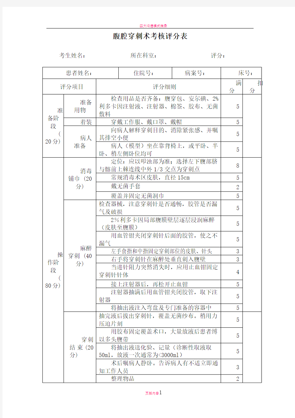 四大穿刺考核评分表