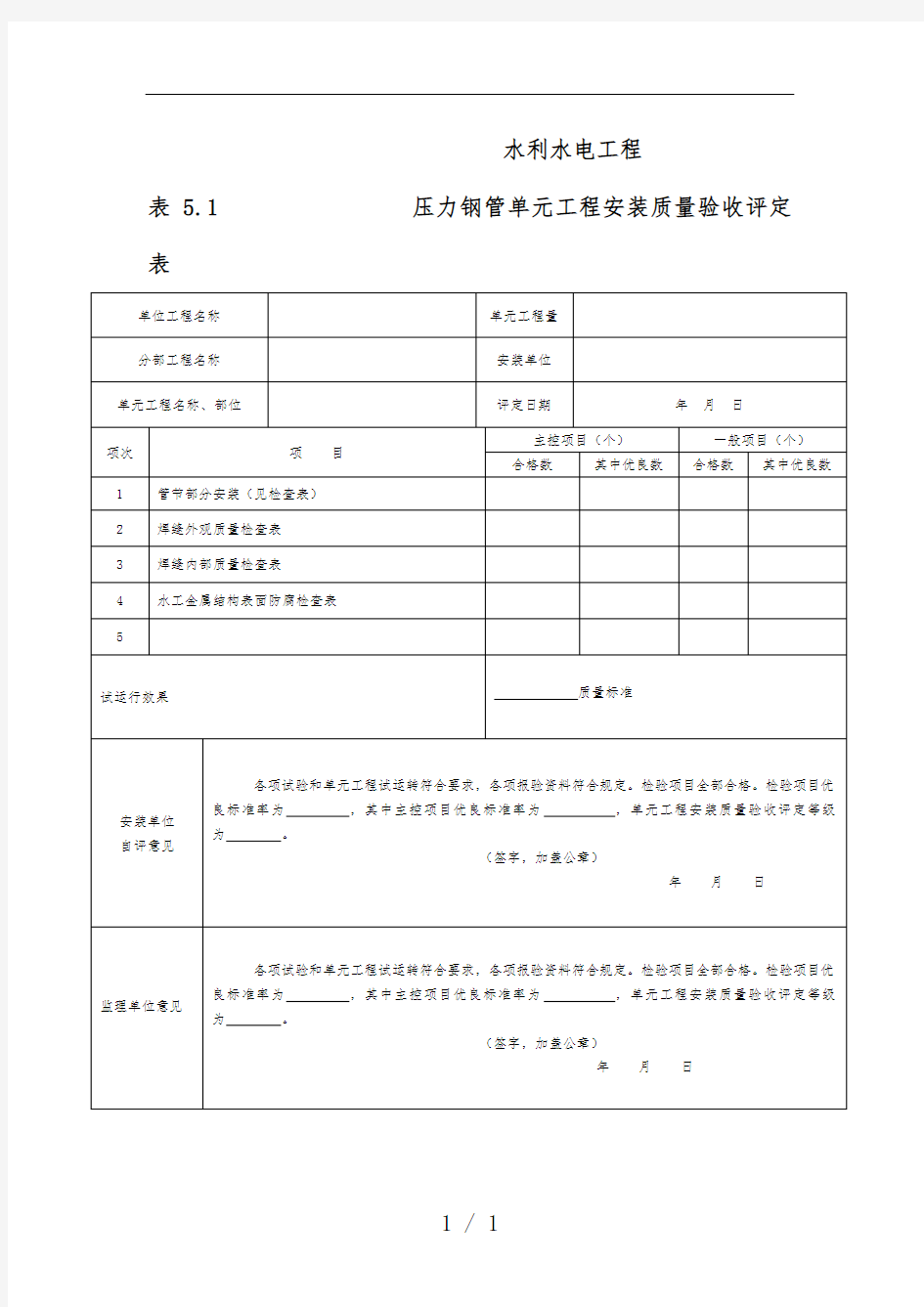 水工金属结构安装工程项目质量评定表