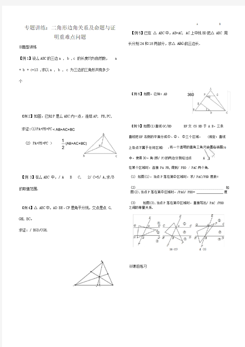 专题讲练：三角形边角关系及命题与证明重难点问题