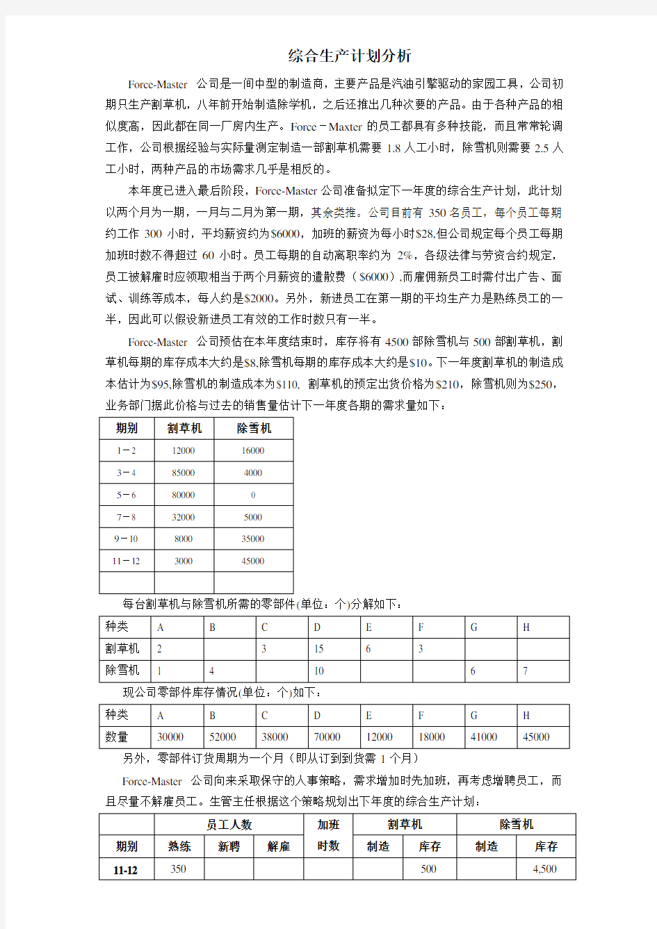 综合生产计划实例分析