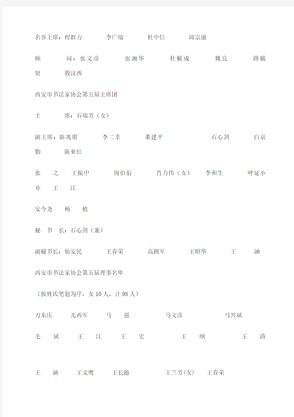 陕西省西安市书法家协会组织名单