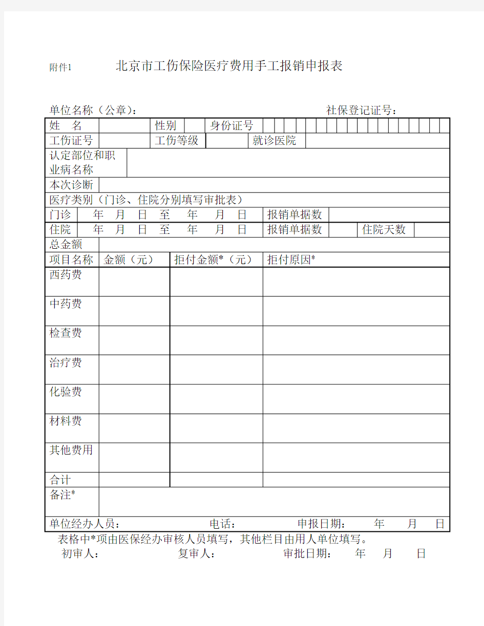 北京工伤保险医疗费用手工报销申报表