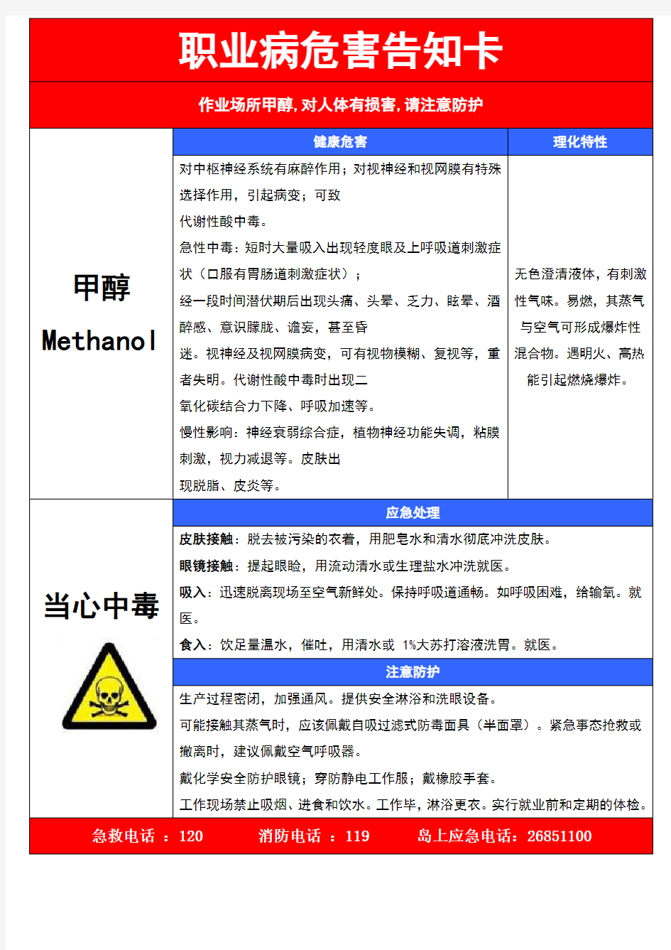 甲醇职业病危害告知卡