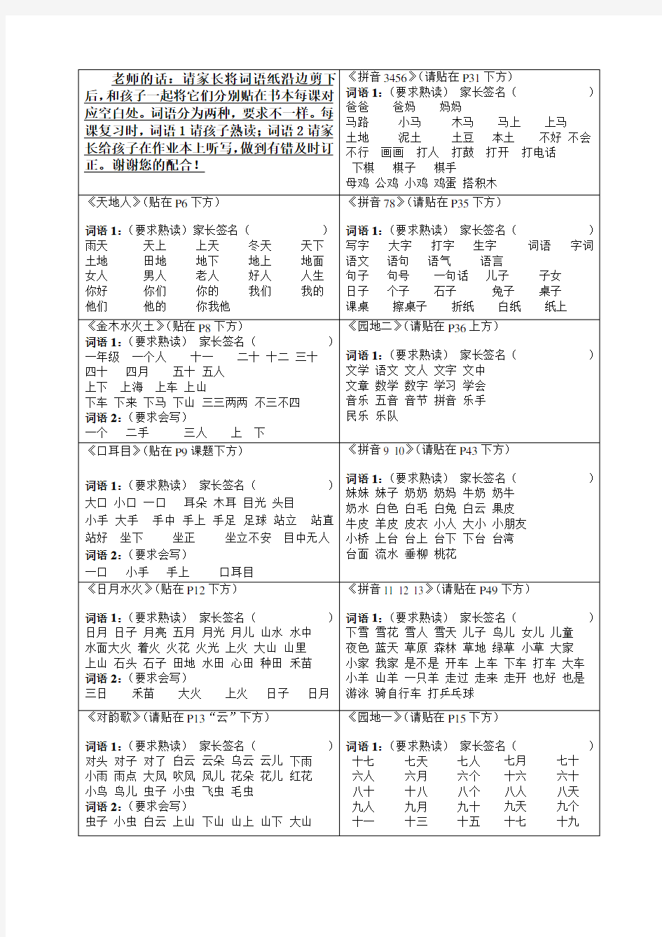 一年级上册认读词语和听写词语纸条