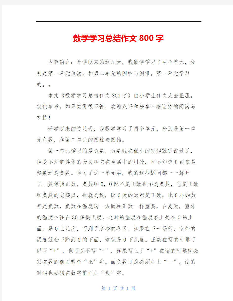 数学学习总结作文800字