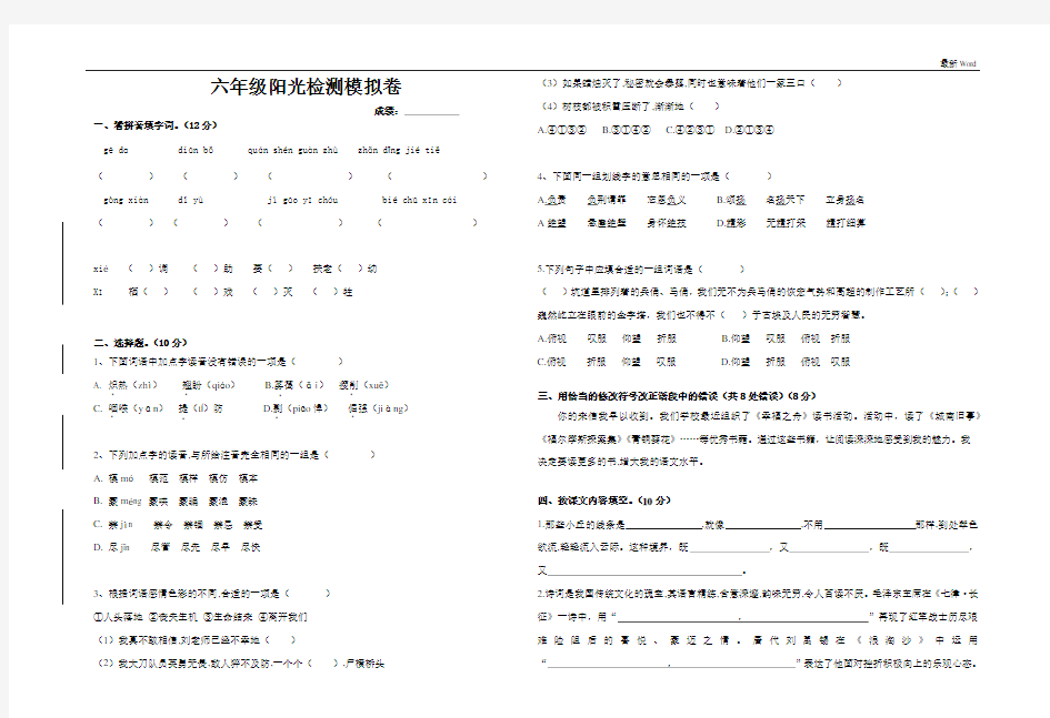 人教部编版六年级下册语文阳光检测模拟卷