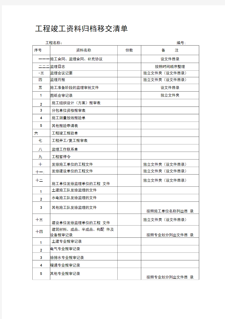 工程竣工资料归档移交清单