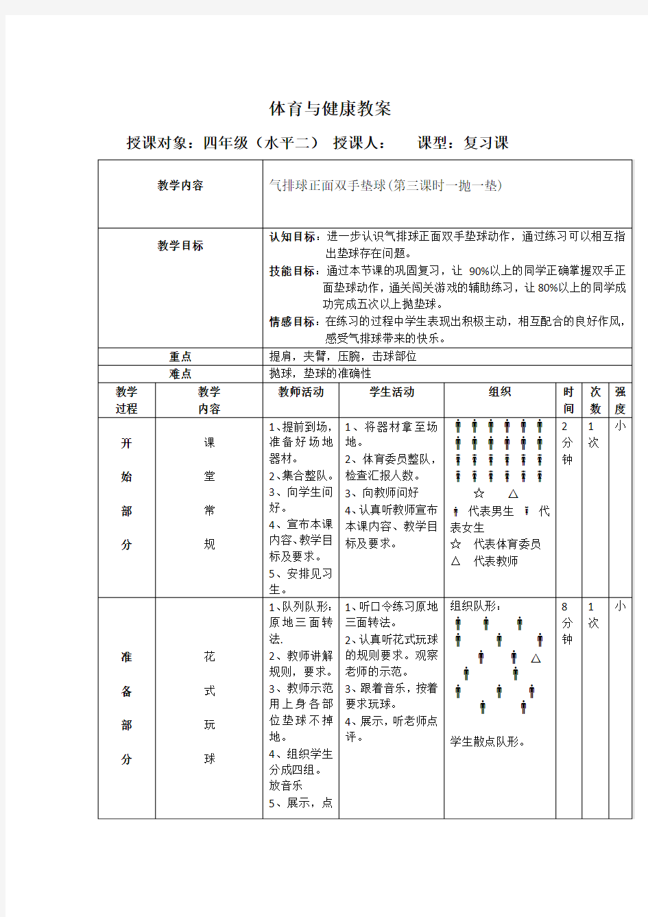 体育与健康人教版四年级-气排球单元计划及教案