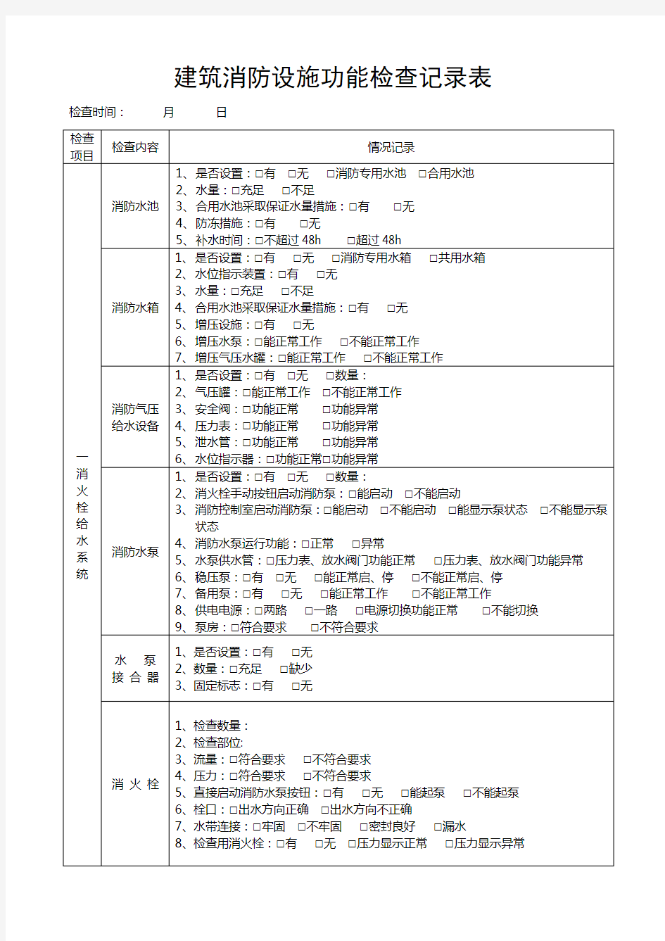 消防安全日常检查表