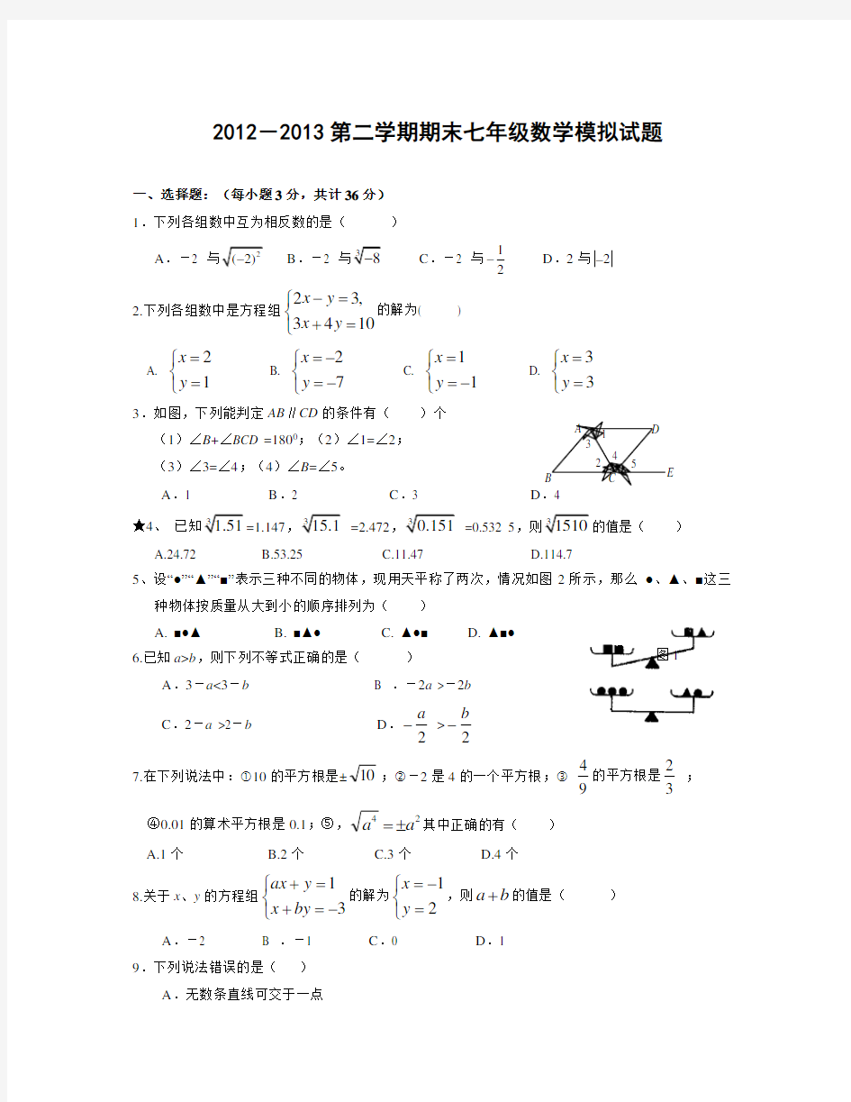 【精选资料】七年级下期末复习数学综合练习题