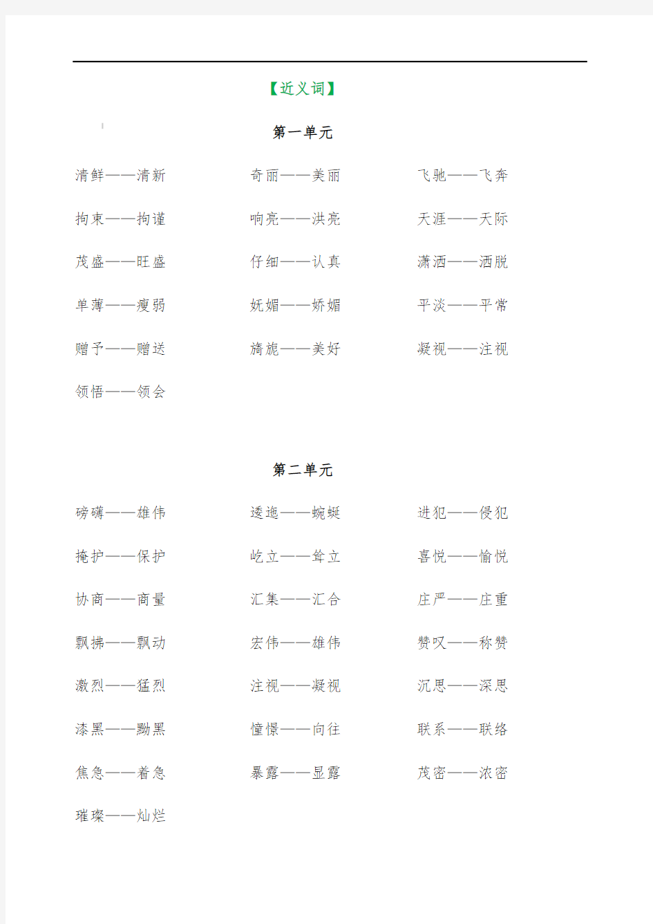 部编语文六年级上册各单元近反义词汇总