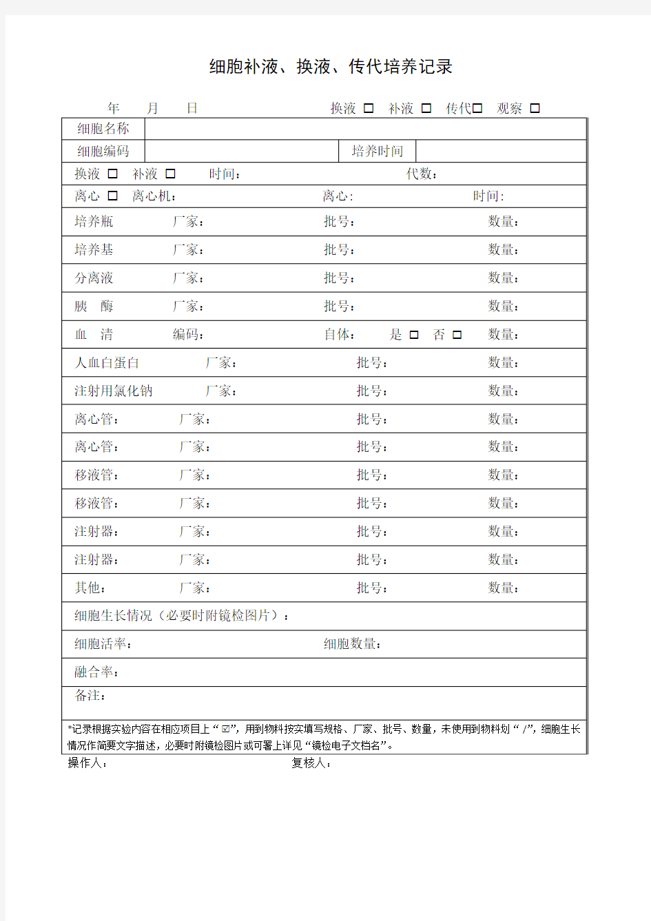 细胞补液、换液、传代培养记录