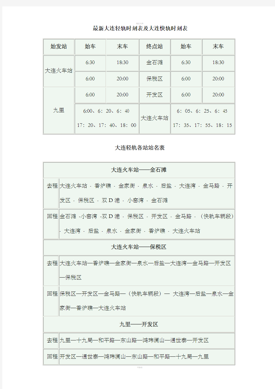 大连快轨路线及时间表