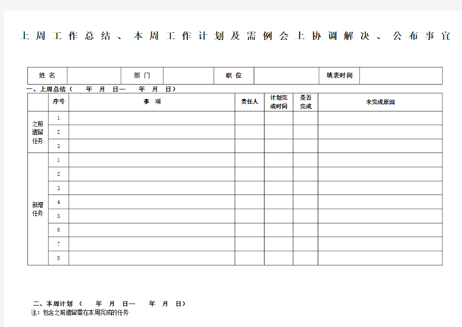 周工作总结及工作计划表格