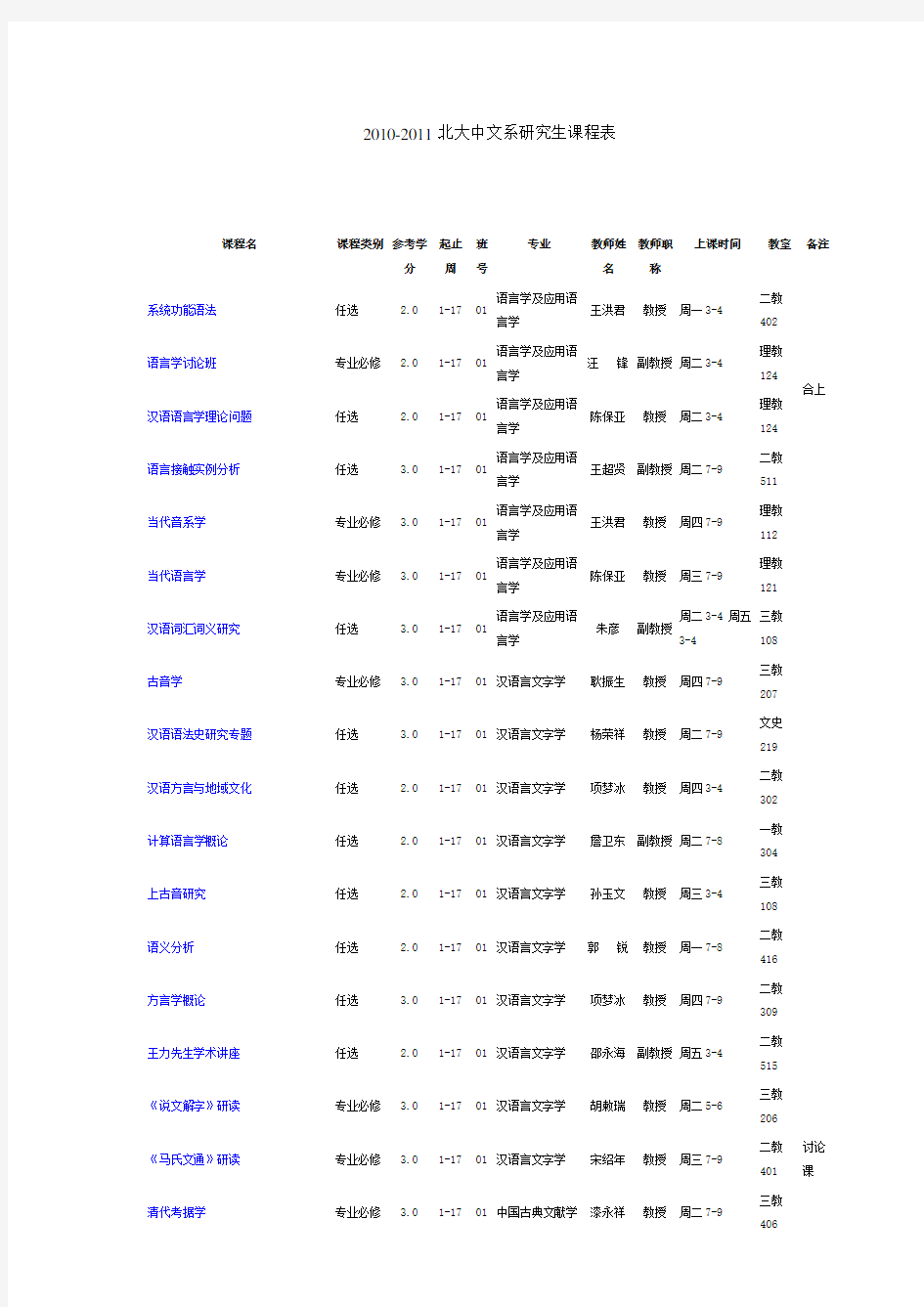 北大中文系第一学期课程表