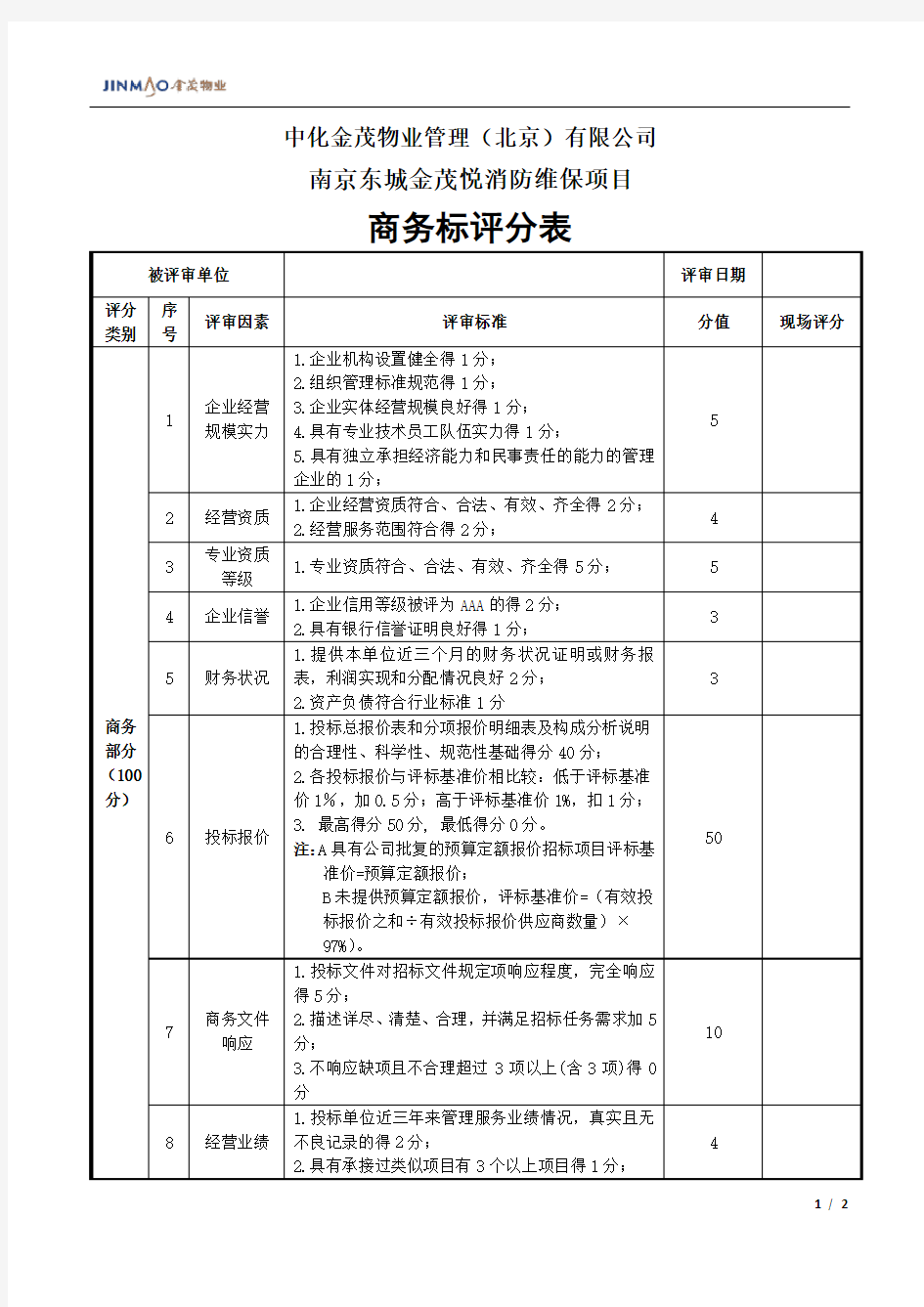 商务标评分表