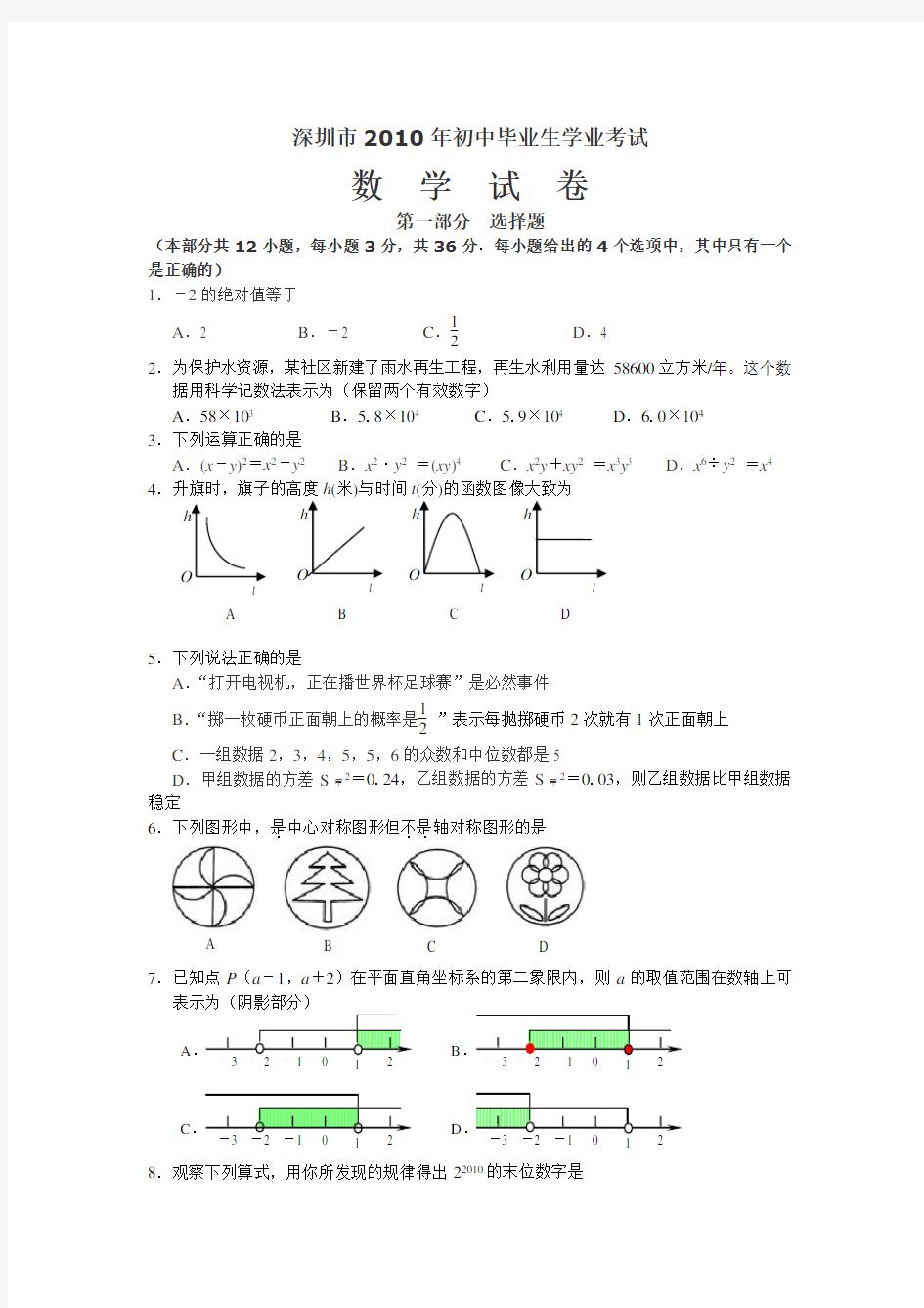 2010年深圳中考数学试卷(含答案)