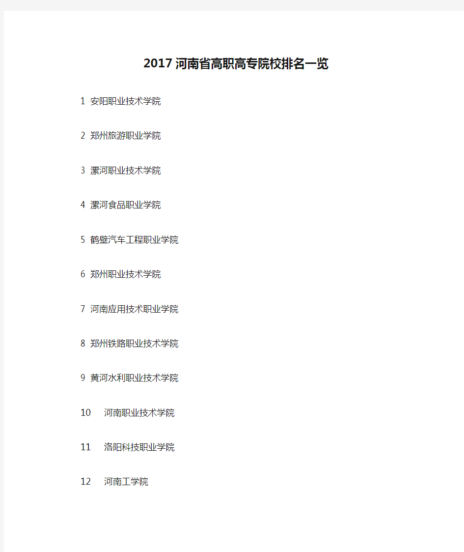 2017河南省高职高专院校排名一览