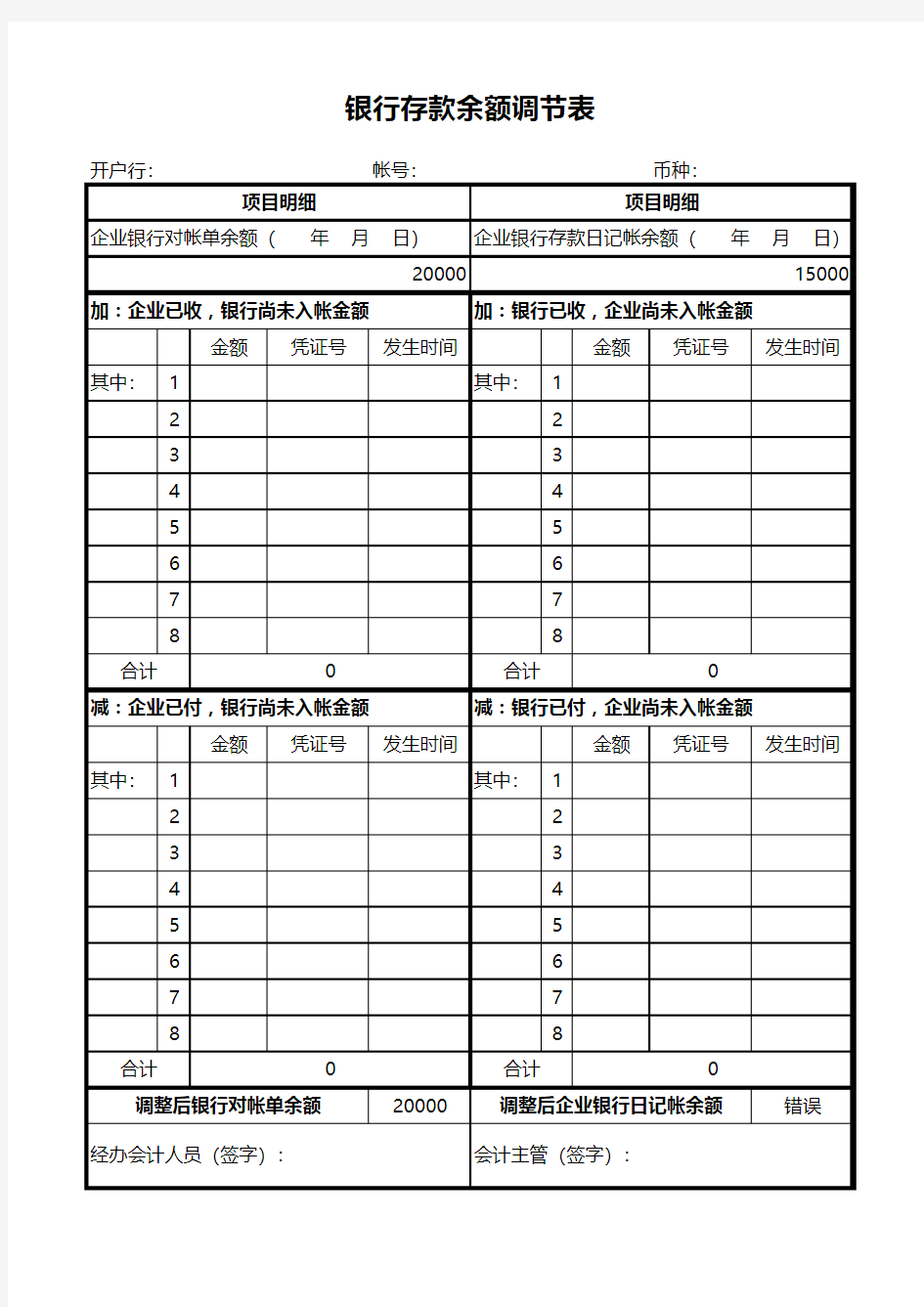 通用银行存款余额调节表EXCEL模板