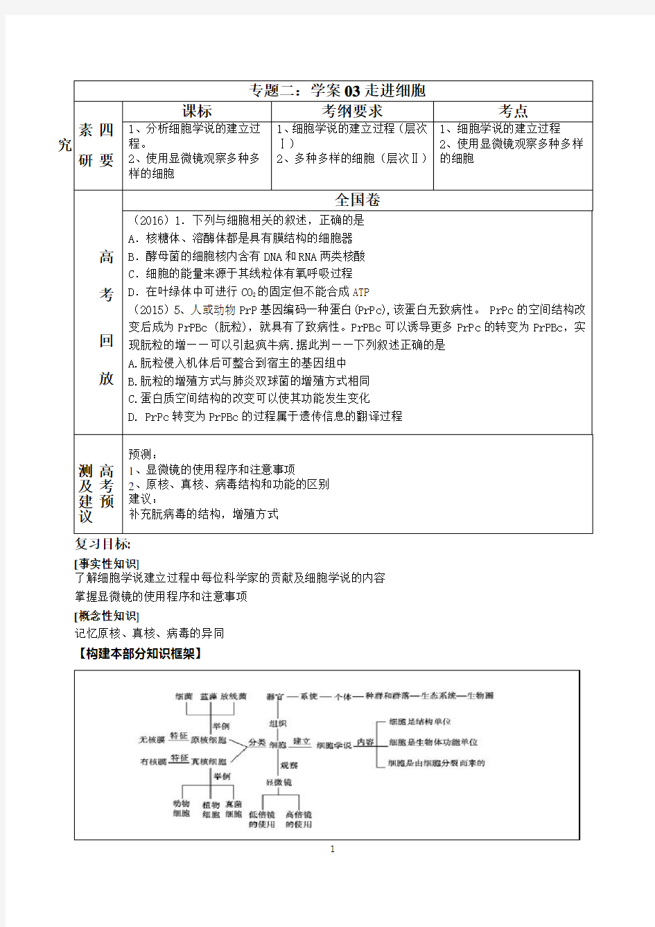 走进细胞一轮复习学案